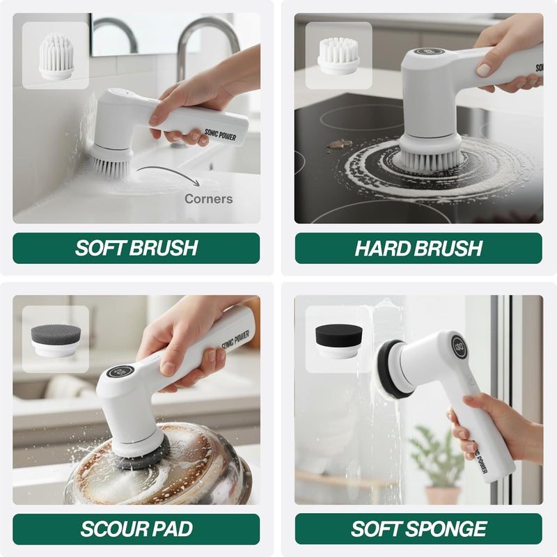 SonicPower Electric Spin Scrubber, Handheld & Ergonomic, IPx7 Waterproofing, 4 Multi-Purpose Attachments Included, Long Lasting Rechargeable Battery - Image 4